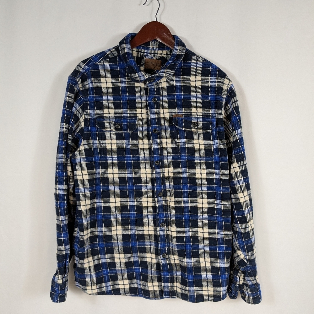 Orvis Flannel Shirt Jacket Mens Size XL Blue Black Plaid Thick Heavyweight A021
